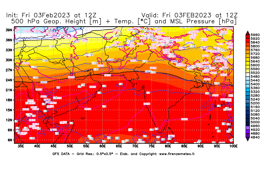 Mappa di analisi GFS - Geopotenziale [m] + Temp. [°C] a 500 hPa + Press. a livello del mare [hPa] in Asia Sud-Occidentale
							del 03/02/2023 12 <!--googleoff: index-->UTC<!--googleon: index-->