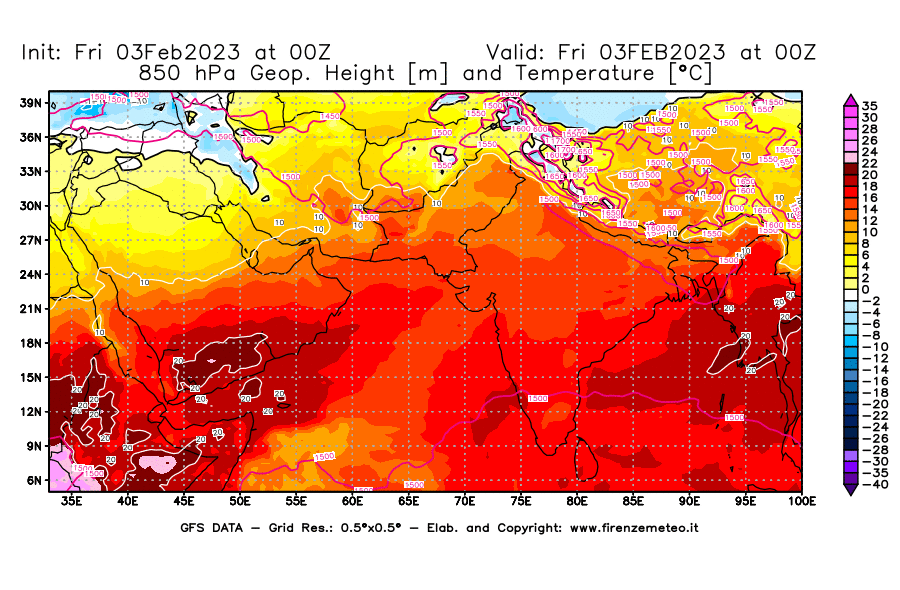 Mappa di analisi GFS - Geopotenziale [m] e Temperatura [°C] a 850 hPa in Asia Sud-Occidentale
							del 03/02/2023 00 <!--googleoff: index-->UTC<!--googleon: index-->