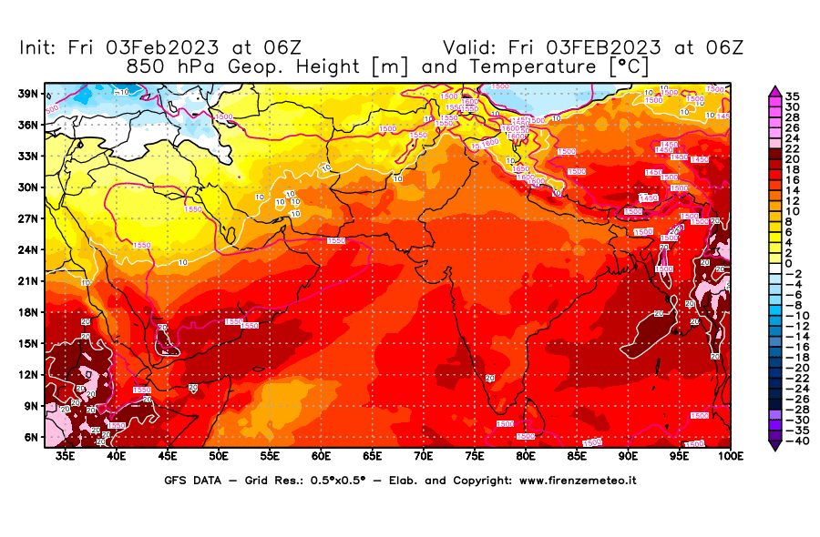 Mappa di analisi GFS - Geopotenziale [m] e Temperatura [°C] a 850 hPa in Asia Sud-Occidentale
							del 03/02/2023 06 <!--googleoff: index-->UTC<!--googleon: index-->