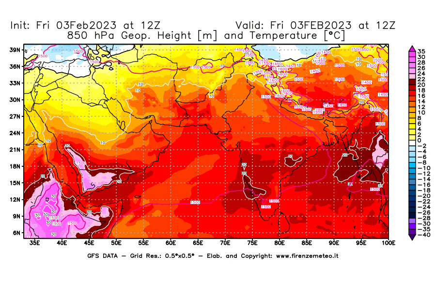 Mappa di analisi GFS - Geopotenziale [m] e Temperatura [°C] a 850 hPa in Asia Sud-Occidentale
							del 03/02/2023 12 <!--googleoff: index-->UTC<!--googleon: index-->