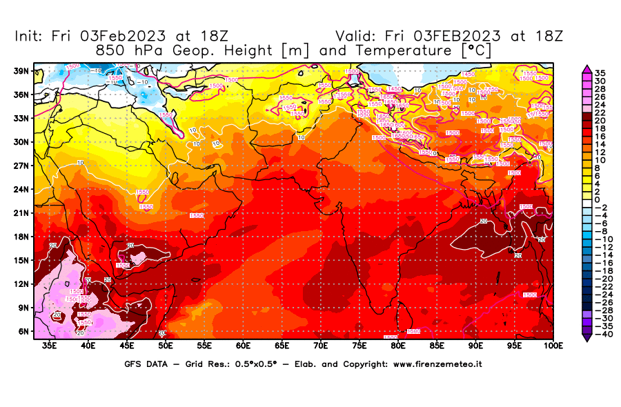 Mappa di analisi GFS - Geopotenziale [m] e Temperatura [°C] a 850 hPa in Asia Sud-Occidentale
							del 03/02/2023 18 <!--googleoff: index-->UTC<!--googleon: index-->