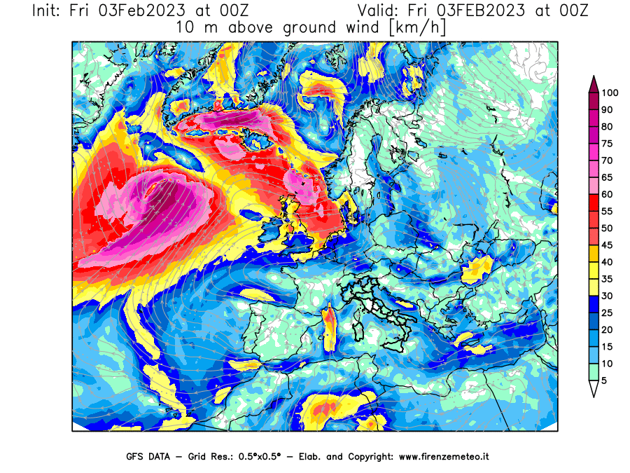 Mappa di analisi GFS - Velocità del vento a 10 metri dal suolo [km/h] in Europa
							del 03/02/2023 00 <!--googleoff: index-->UTC<!--googleon: index-->