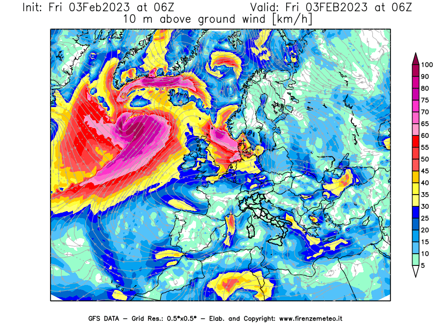 Mappa di analisi GFS - Velocità del vento a 10 metri dal suolo [km/h] in Europa
							del 03/02/2023 06 <!--googleoff: index-->UTC<!--googleon: index-->