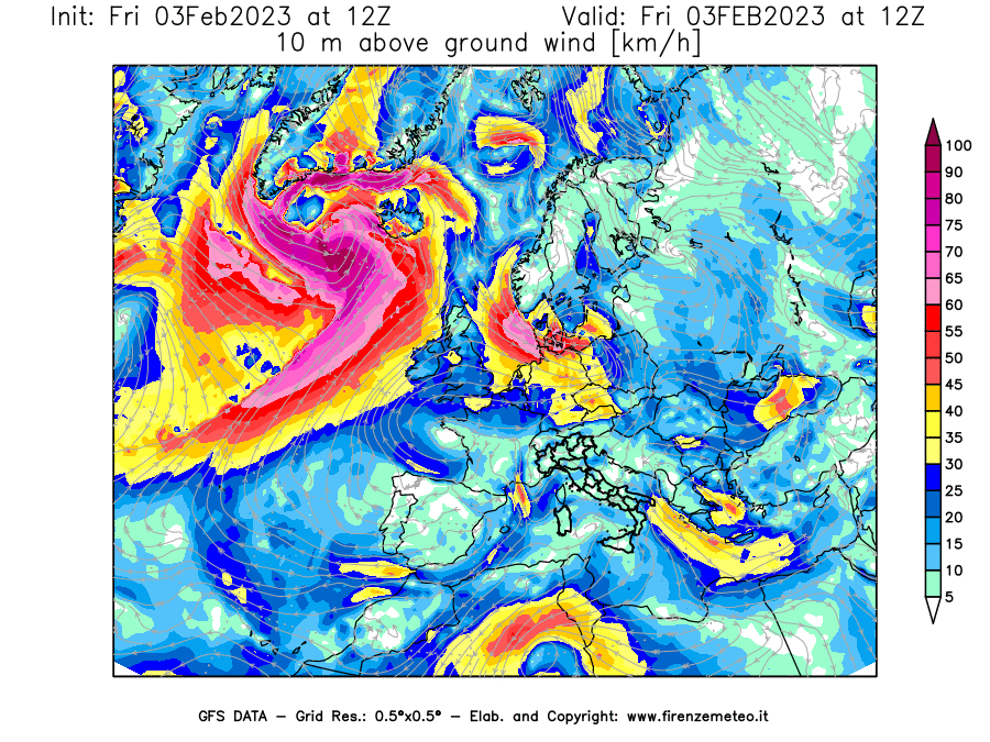 Mappa di analisi GFS - Velocità del vento a 10 metri dal suolo [km/h] in Europa
							del 03/02/2023 12 <!--googleoff: index-->UTC<!--googleon: index-->