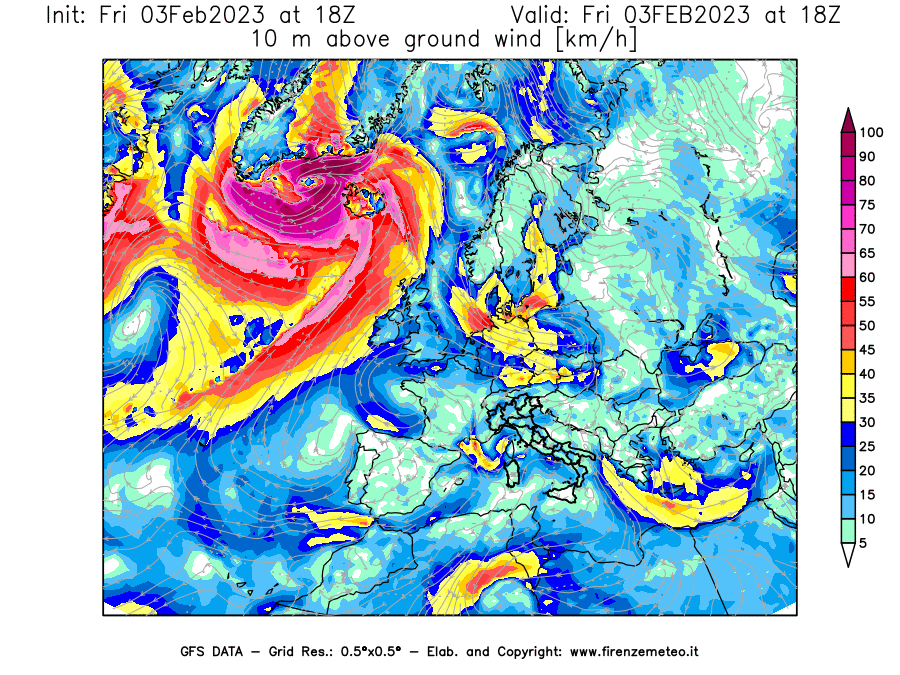 Mappa di analisi GFS - Velocità del vento a 10 metri dal suolo [km/h] in Europa
							del 03/02/2023 18 <!--googleoff: index-->UTC<!--googleon: index-->