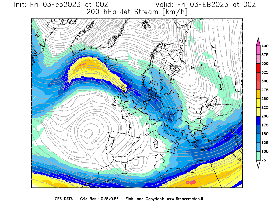Mappa di analisi GFS - Jet Stream a 200 hPa in Europa
							del 03/02/2023 00 <!--googleoff: index-->UTC<!--googleon: index-->