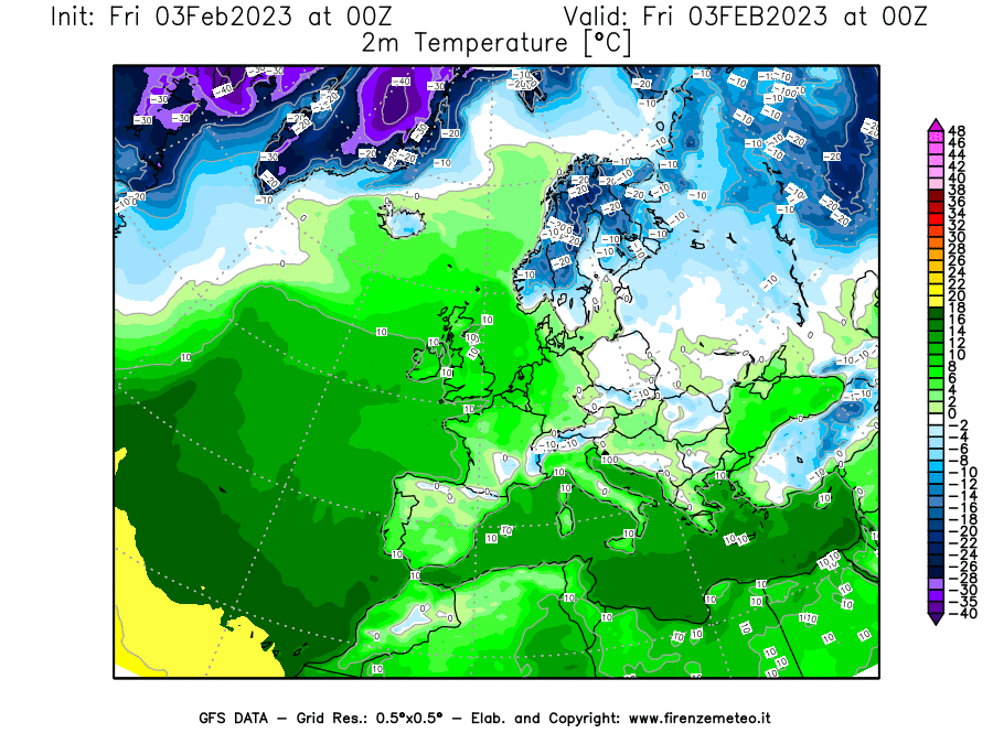 Mappa di analisi GFS - Temperatura a 2 metri dal suolo [°C] in Europa
							del 03/02/2023 00 <!--googleoff: index-->UTC<!--googleon: index-->