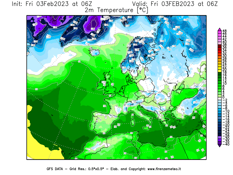 Mappa di analisi GFS - Temperatura a 2 metri dal suolo [°C] in Europa
							del 03/02/2023 06 <!--googleoff: index-->UTC<!--googleon: index-->