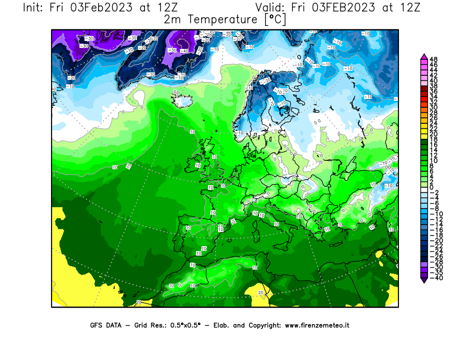 Mappa di analisi GFS - Temperatura a 2 metri dal suolo [°C] in Europa
							del 03/02/2023 12 <!--googleoff: index-->UTC<!--googleon: index-->