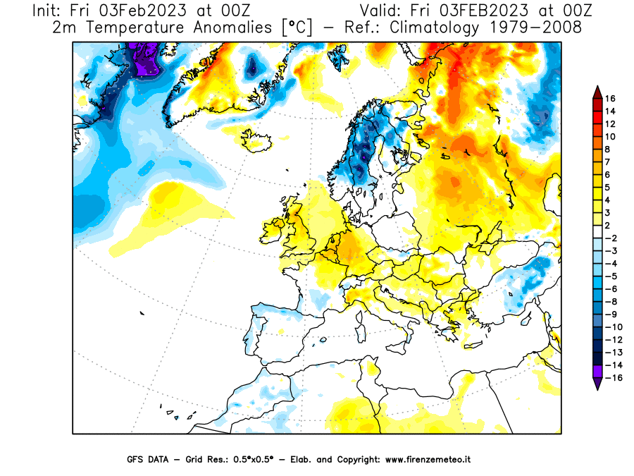 Mappa di analisi GFS - Anomalia Temperatura [°C] a 2 m in Europa
							del 03/02/2023 00 <!--googleoff: index-->UTC<!--googleon: index-->