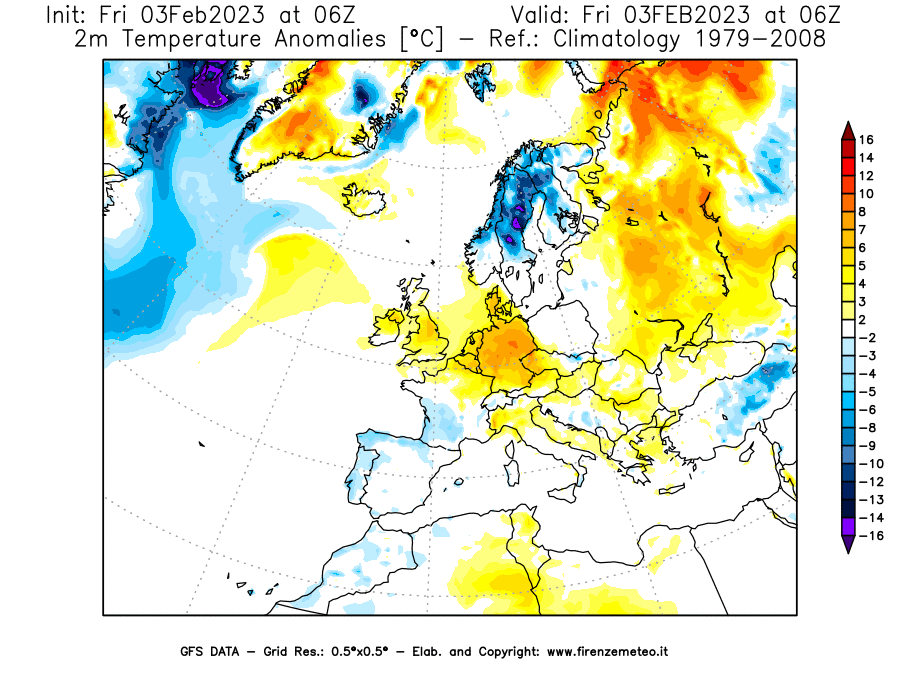 Mappa di analisi GFS - Anomalia Temperatura [°C] a 2 m in Europa
							del 03/02/2023 06 <!--googleoff: index-->UTC<!--googleon: index-->
