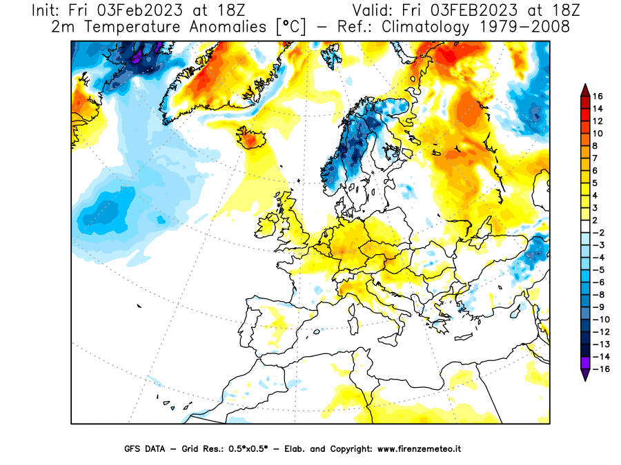 Mappa di analisi GFS - Anomalia Temperatura [°C] a 2 m in Europa
							del 03/02/2023 18 <!--googleoff: index-->UTC<!--googleon: index-->