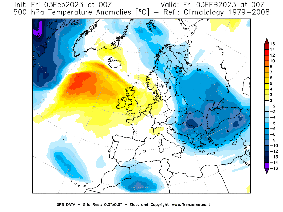 Mappa di analisi GFS - Anomalia Temperatura [°C] a 500 hPa in Europa
							del 03/02/2023 00 <!--googleoff: index-->UTC<!--googleon: index-->