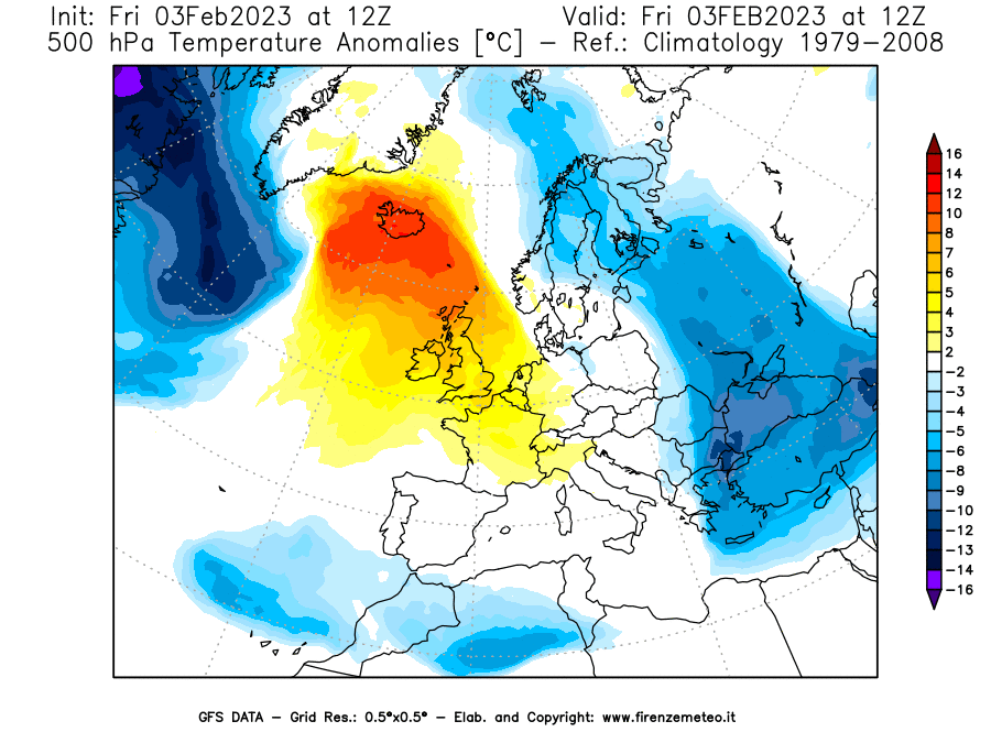 Mappa di analisi GFS - Anomalia Temperatura [°C] a 500 hPa in Europa
							del 03/02/2023 12 <!--googleoff: index-->UTC<!--googleon: index-->