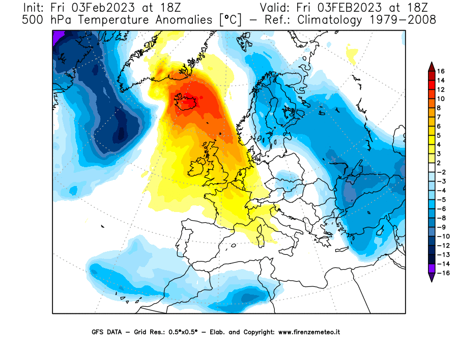 Mappa di analisi GFS - Anomalia Temperatura [°C] a 500 hPa in Europa
							del 03/02/2023 18 <!--googleoff: index-->UTC<!--googleon: index-->