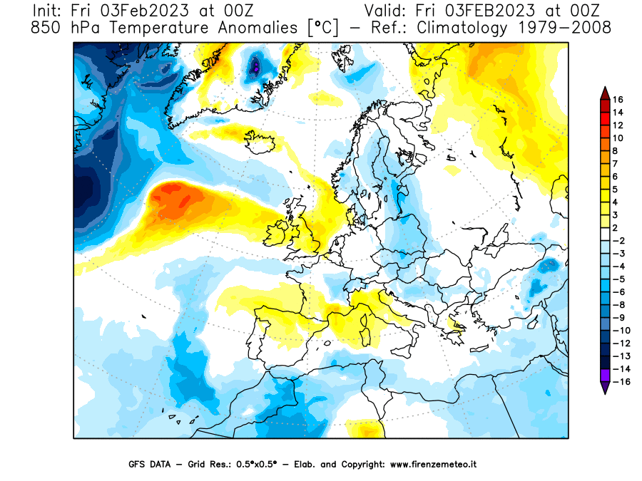 Mappa di analisi GFS - Anomalia Temperatura [°C] a 850 hPa in Europa
							del 03/02/2023 00 <!--googleoff: index-->UTC<!--googleon: index-->