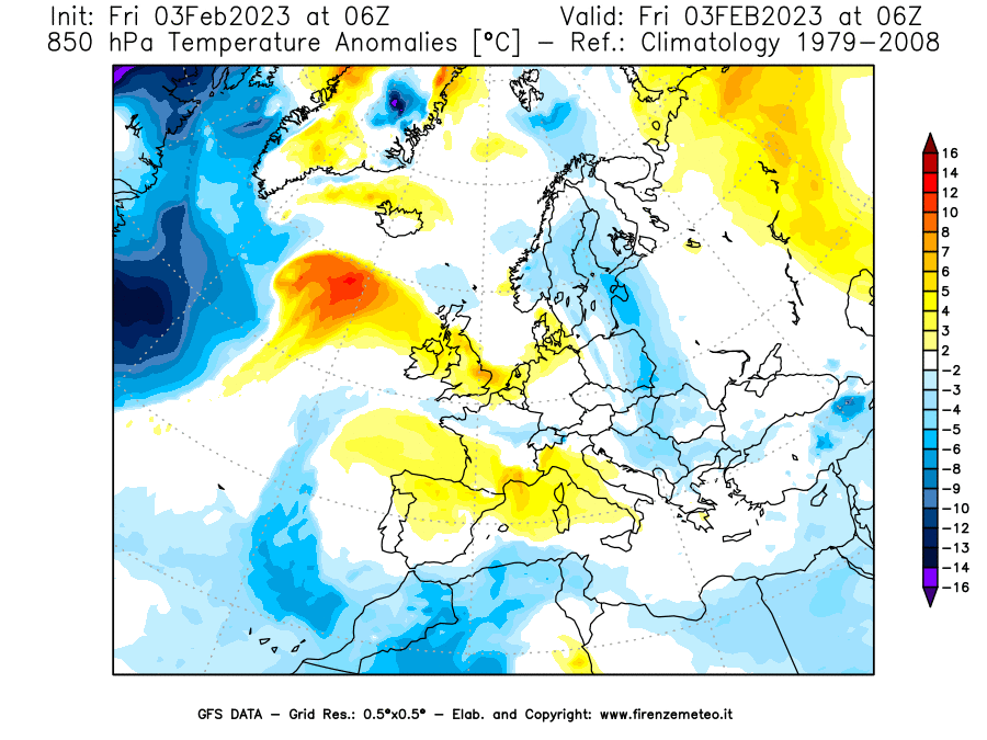 Mappa di analisi GFS - Anomalia Temperatura [°C] a 850 hPa in Europa
							del 03/02/2023 06 <!--googleoff: index-->UTC<!--googleon: index-->