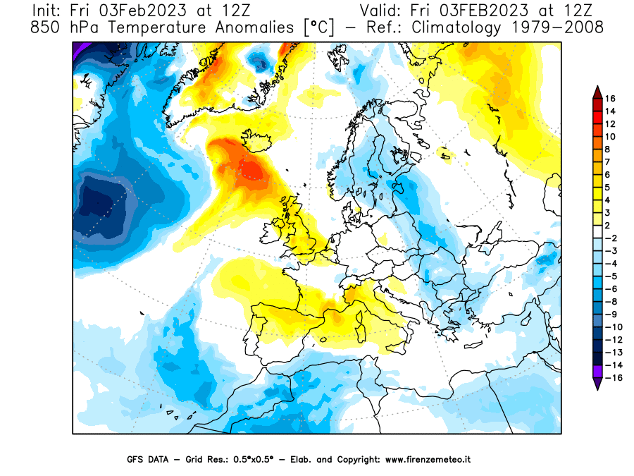 Mappa di analisi GFS - Anomalia Temperatura [°C] a 850 hPa in Europa
							del 03/02/2023 12 <!--googleoff: index-->UTC<!--googleon: index-->