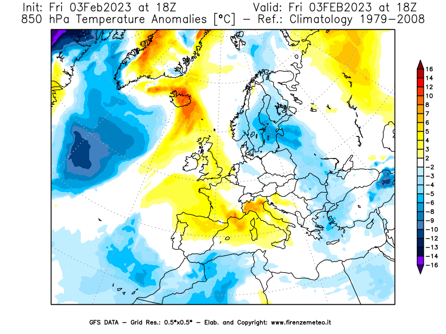 Mappa di analisi GFS - Anomalia Temperatura [°C] a 850 hPa in Europa
							del 03/02/2023 18 <!--googleoff: index-->UTC<!--googleon: index-->
