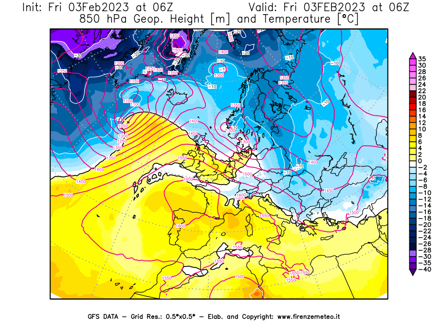 Mappa di analisi GFS - Geopotenziale [m] e Temperatura [°C] a 850 hPa in Europa
							del 03/02/2023 06 <!--googleoff: index-->UTC<!--googleon: index-->