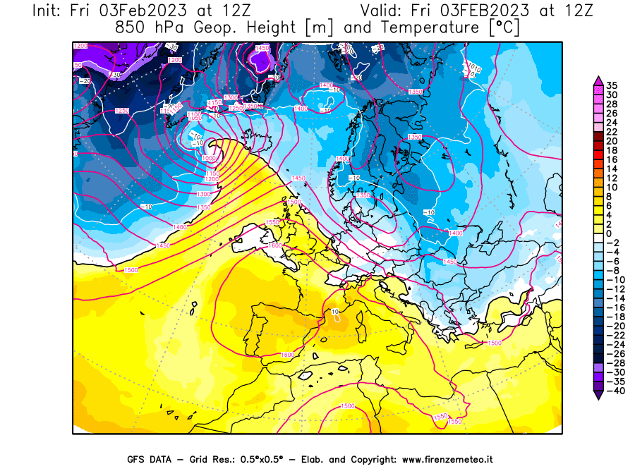 Mappa di analisi GFS - Geopotenziale [m] e Temperatura [°C] a 850 hPa in Europa
							del 03/02/2023 12 <!--googleoff: index-->UTC<!--googleon: index-->
