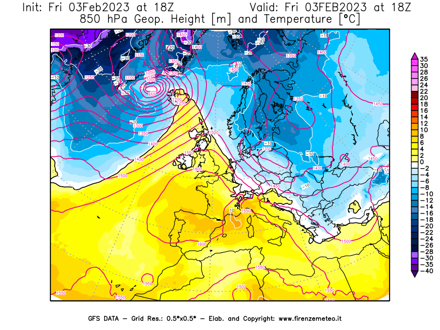 Mappa di analisi GFS - Geopotenziale [m] e Temperatura [°C] a 850 hPa in Europa
							del 03/02/2023 18 <!--googleoff: index-->UTC<!--googleon: index-->