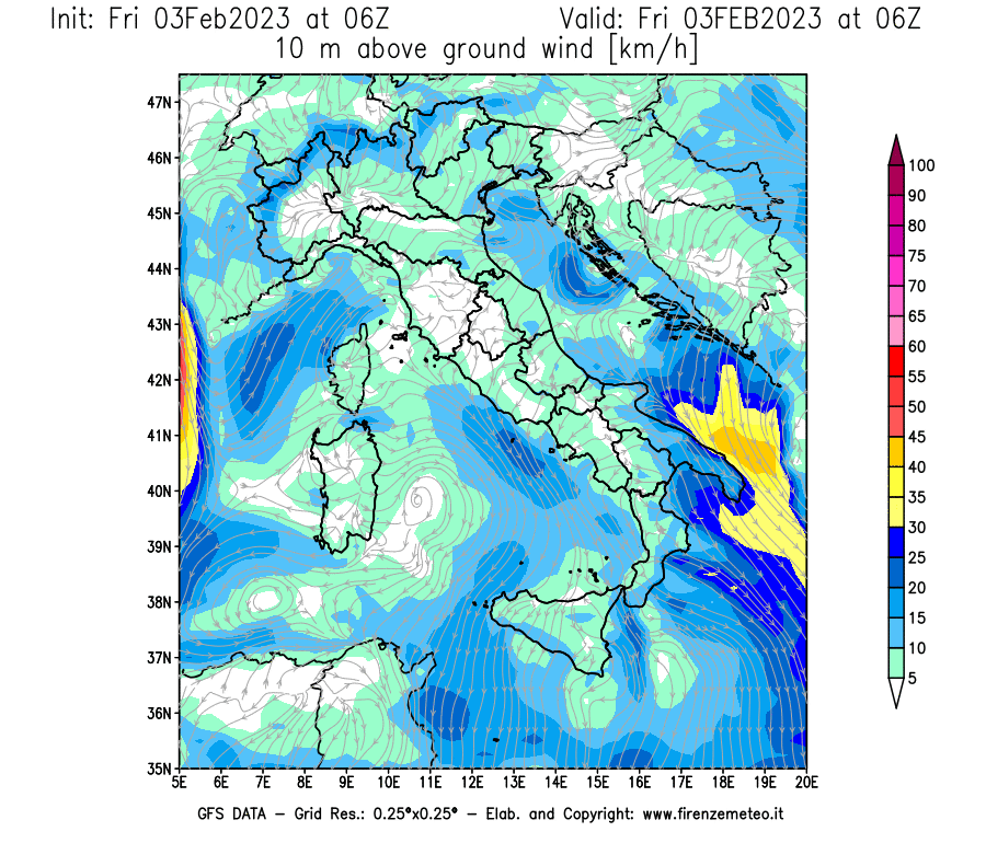Mappa di analisi GFS - Velocità del vento a 10 metri dal suolo [km/h] in Italia
							del 03/02/2023 06 <!--googleoff: index-->UTC<!--googleon: index-->