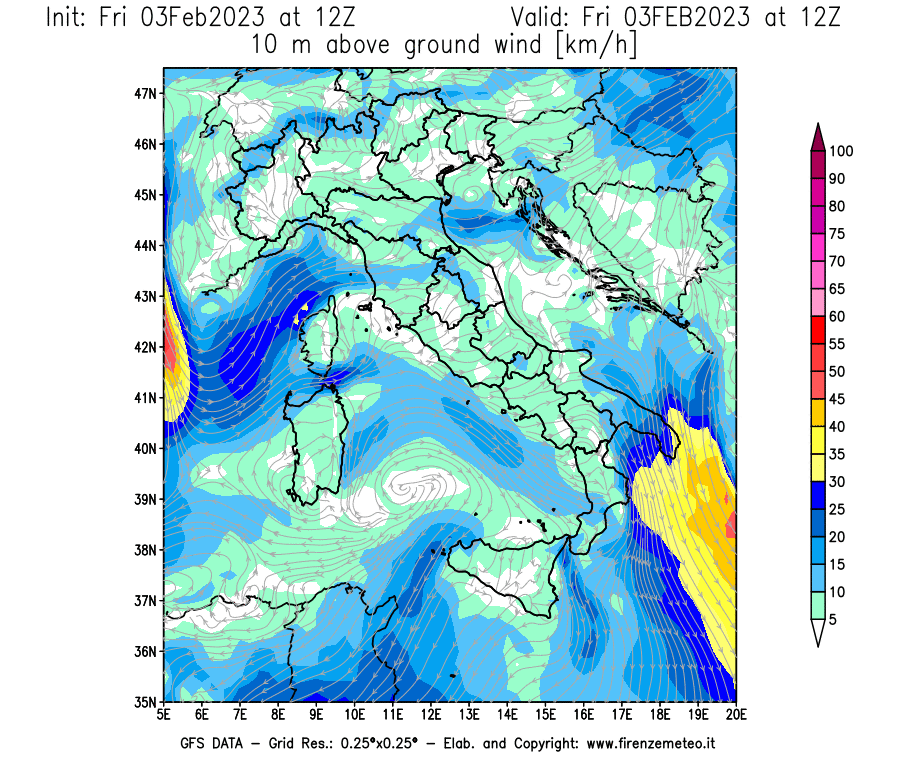 Mappa di analisi GFS - Velocità del vento a 10 metri dal suolo [km/h] in Italia
							del 03/02/2023 12 <!--googleoff: index-->UTC<!--googleon: index-->
