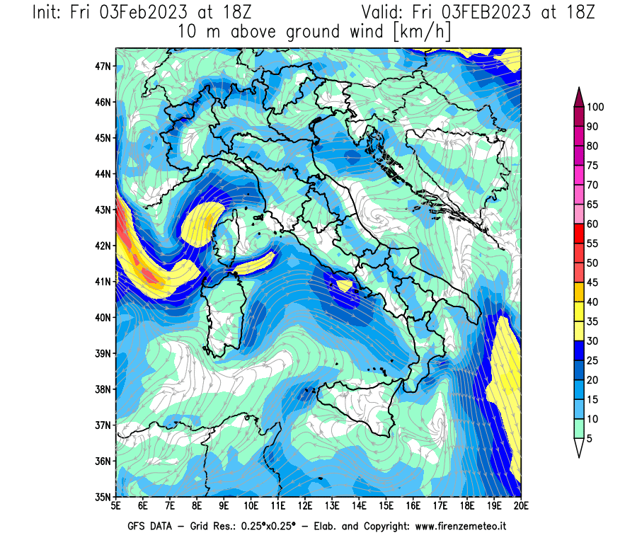 Mappa di analisi GFS - Velocità del vento a 10 metri dal suolo [km/h] in Italia
							del 03/02/2023 18 <!--googleoff: index-->UTC<!--googleon: index-->