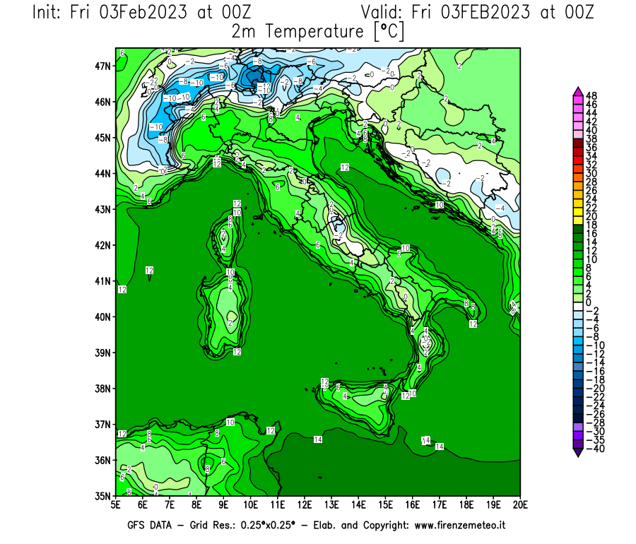 Mappa di analisi GFS - Temperatura a 2 metri dal suolo [°C] in Italia
							del 03/02/2023 00 <!--googleoff: index-->UTC<!--googleon: index-->