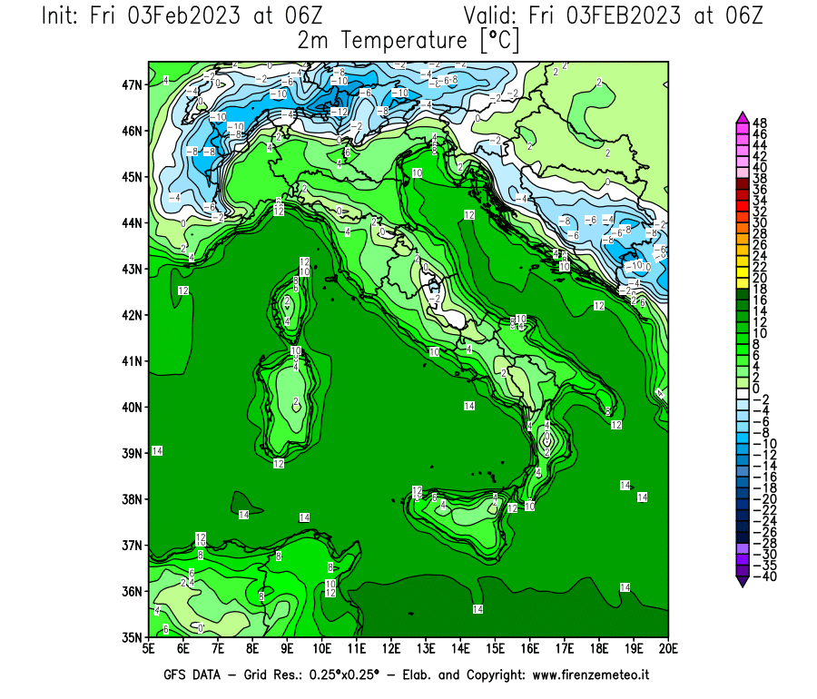 Mappa di analisi GFS - Temperatura a 2 metri dal suolo [°C] in Italia
							del 03/02/2023 06 <!--googleoff: index-->UTC<!--googleon: index-->