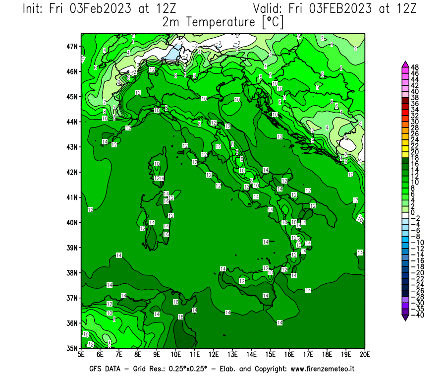 Mappa di analisi GFS - Temperatura a 2 metri dal suolo [°C] in Italia
							del 03/02/2023 12 <!--googleoff: index-->UTC<!--googleon: index-->