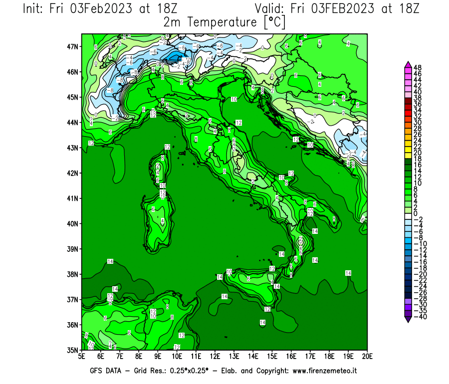 Mappa di analisi GFS - Temperatura a 2 metri dal suolo [°C] in Italia
							del 03/02/2023 18 <!--googleoff: index-->UTC<!--googleon: index-->