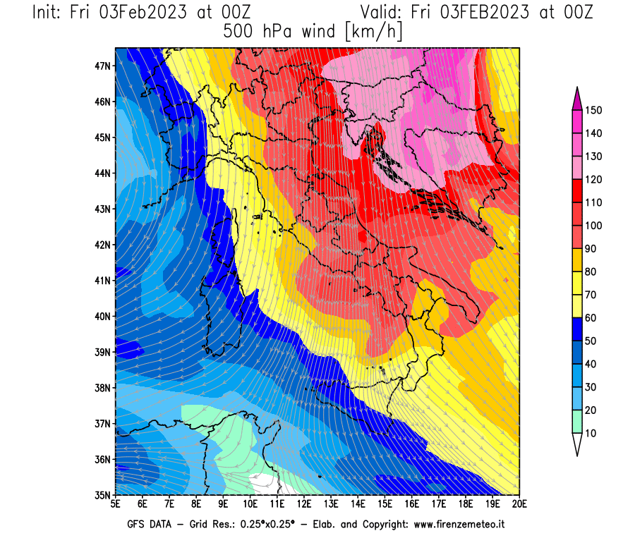 Mappa di analisi GFS - Velocità del vento a 500 hPa [km/h] in Italia
							del 03/02/2023 00 <!--googleoff: index-->UTC<!--googleon: index-->