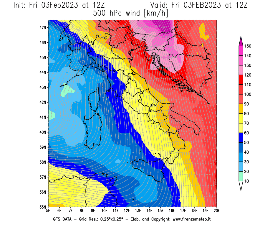 Mappa di analisi GFS - Velocità del vento a 500 hPa [km/h] in Italia
							del 03/02/2023 12 <!--googleoff: index-->UTC<!--googleon: index-->