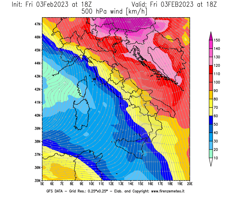 Mappa di analisi GFS - Velocità del vento a 500 hPa [km/h] in Italia
							del 03/02/2023 18 <!--googleoff: index-->UTC<!--googleon: index-->