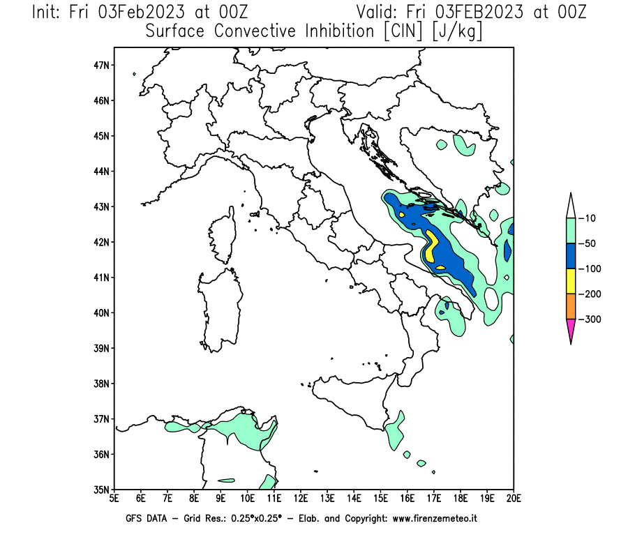 Mappa di analisi GFS - CIN [J/kg] in Italia
							del 03/02/2023 00 <!--googleoff: index-->UTC<!--googleon: index-->