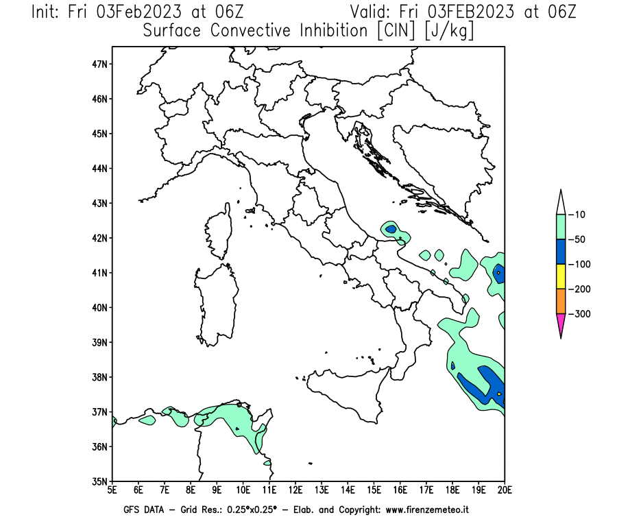 Mappa di analisi GFS - CIN [J/kg] in Italia
							del 03/02/2023 06 <!--googleoff: index-->UTC<!--googleon: index-->