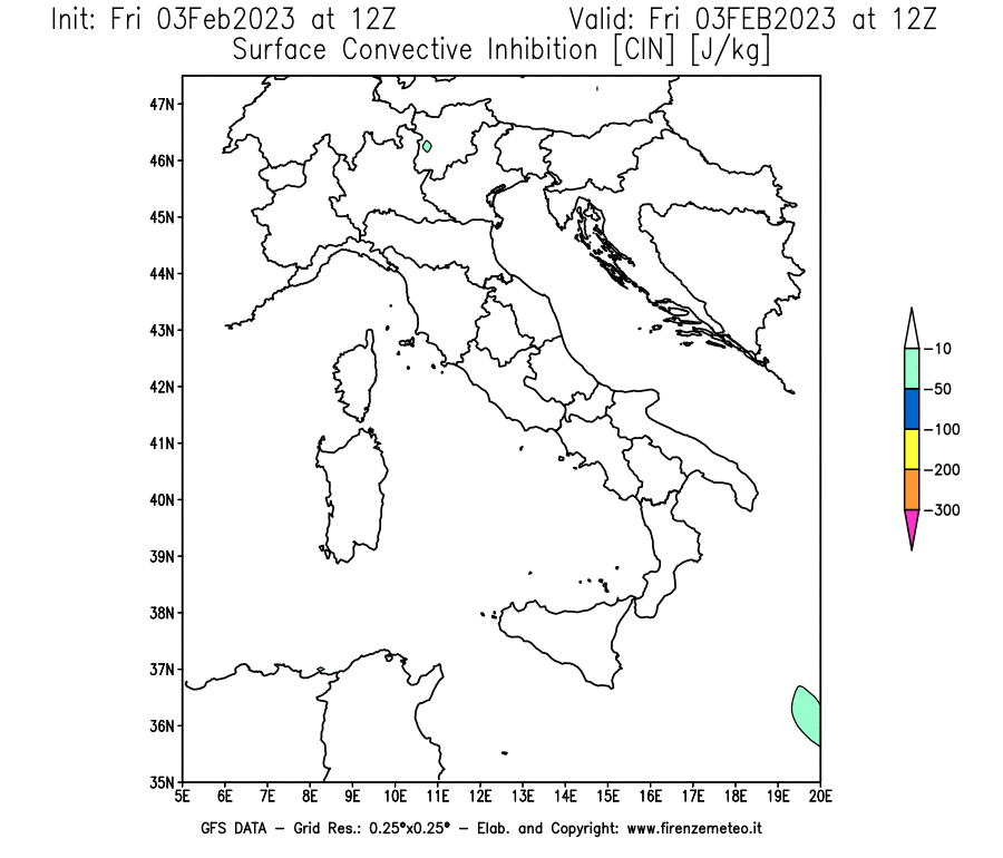 Mappa di analisi GFS - CIN [J/kg] in Italia
							del 03/02/2023 12 <!--googleoff: index-->UTC<!--googleon: index-->