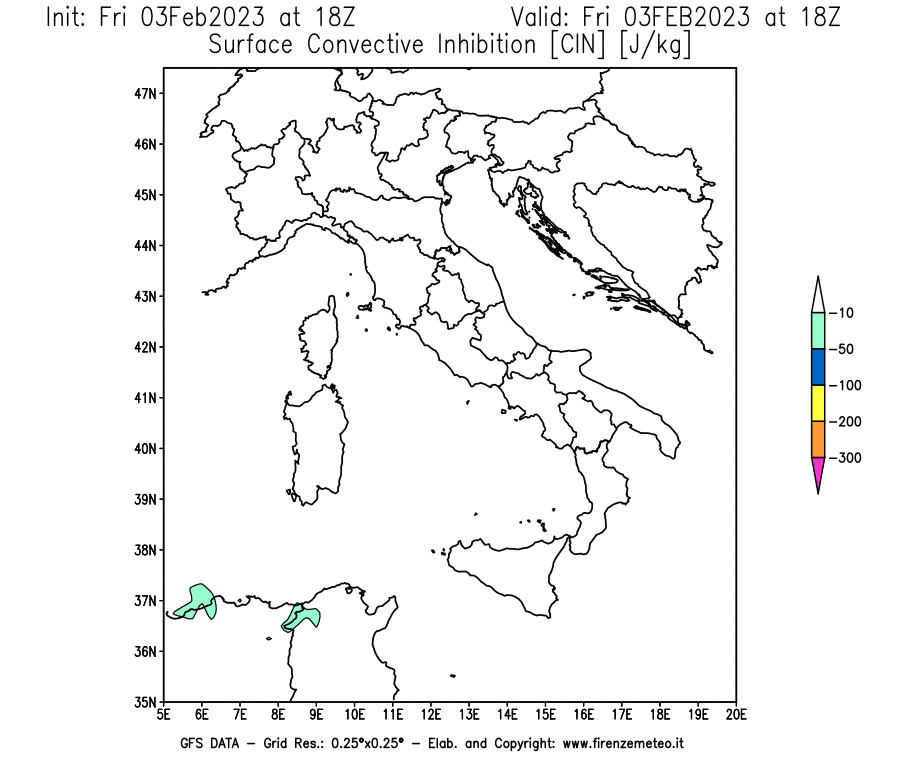Mappa di analisi GFS - CIN [J/kg] in Italia
							del 03/02/2023 18 <!--googleoff: index-->UTC<!--googleon: index-->