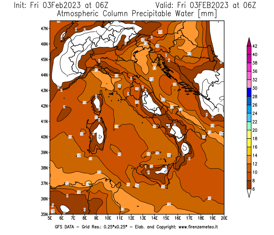 Mappa di analisi GFS - Precipitable Water [mm] in Italia
							del 03/02/2023 06 <!--googleoff: index-->UTC<!--googleon: index-->