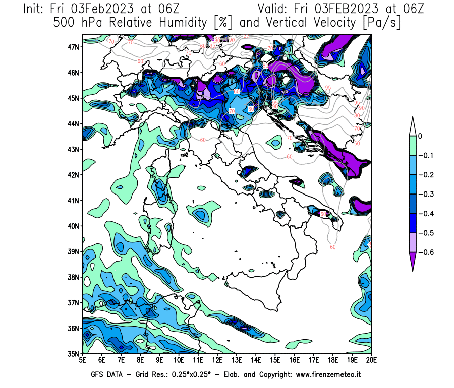 Mappa di analisi GFS - Umidità relativa [%] e Omega [Pa/s] a 500 hPa in Italia
							del 03/02/2023 06 <!--googleoff: index-->UTC<!--googleon: index-->