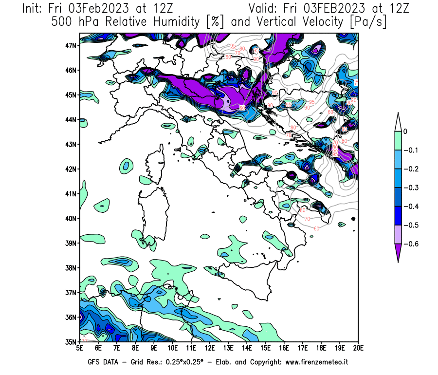 Mappa di analisi GFS - Umidità relativa [%] e Omega [Pa/s] a 500 hPa in Italia
							del 03/02/2023 12 <!--googleoff: index-->UTC<!--googleon: index-->