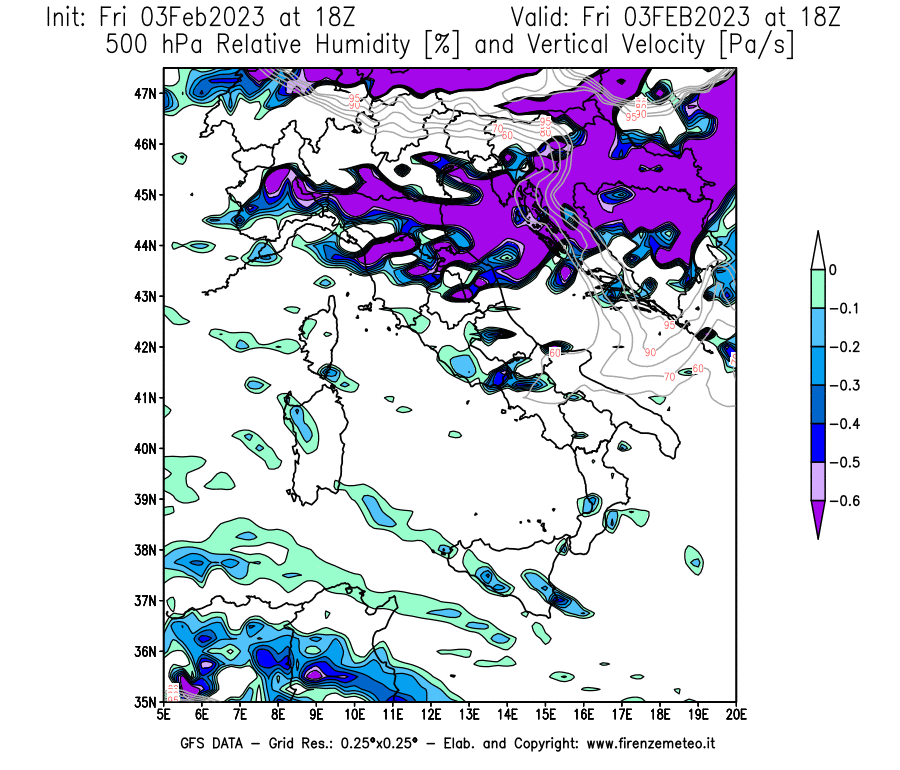 Mappa di analisi GFS - Umidità relativa [%] e Omega [Pa/s] a 500 hPa in Italia
							del 03/02/2023 18 <!--googleoff: index-->UTC<!--googleon: index-->