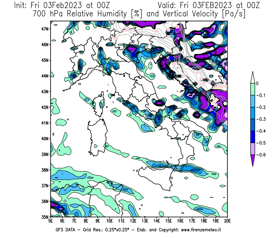 Mappa di analisi GFS - Umidità relativa [%] e Omega [Pa/s] a 700 hPa in Italia
							del 03/02/2023 00 <!--googleoff: index-->UTC<!--googleon: index-->