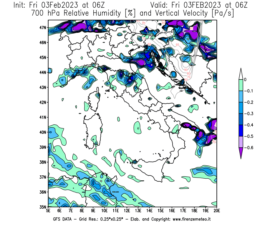 Mappa di analisi GFS - Umidità relativa [%] e Omega [Pa/s] a 700 hPa in Italia
							del 03/02/2023 06 <!--googleoff: index-->UTC<!--googleon: index-->