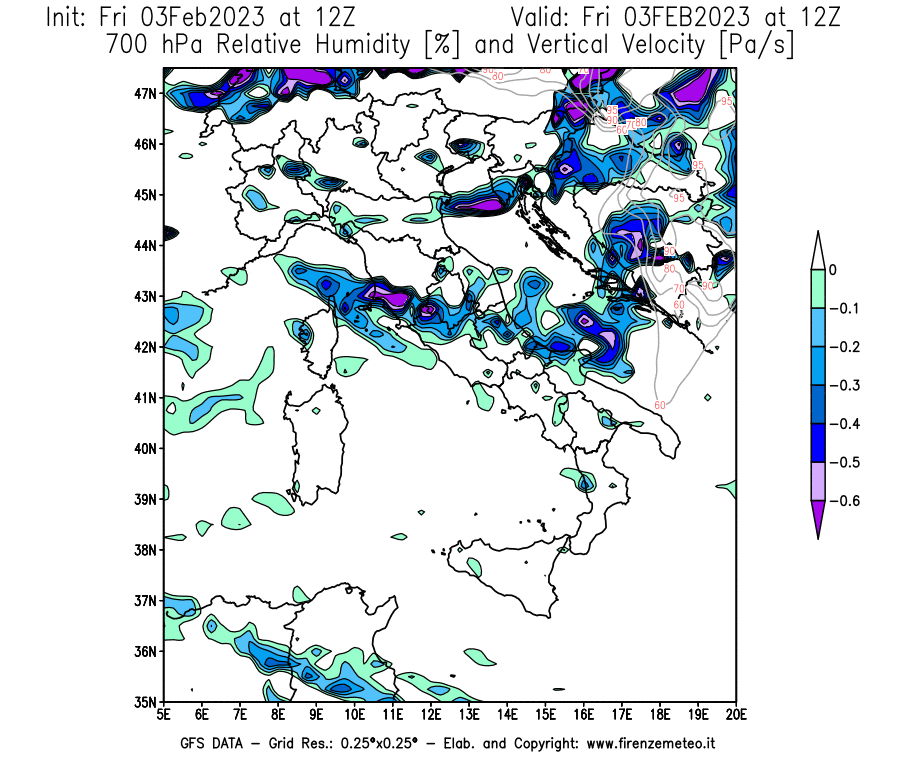 Mappa di analisi GFS - Umidità relativa [%] e Omega [Pa/s] a 700 hPa in Italia
							del 03/02/2023 12 <!--googleoff: index-->UTC<!--googleon: index-->