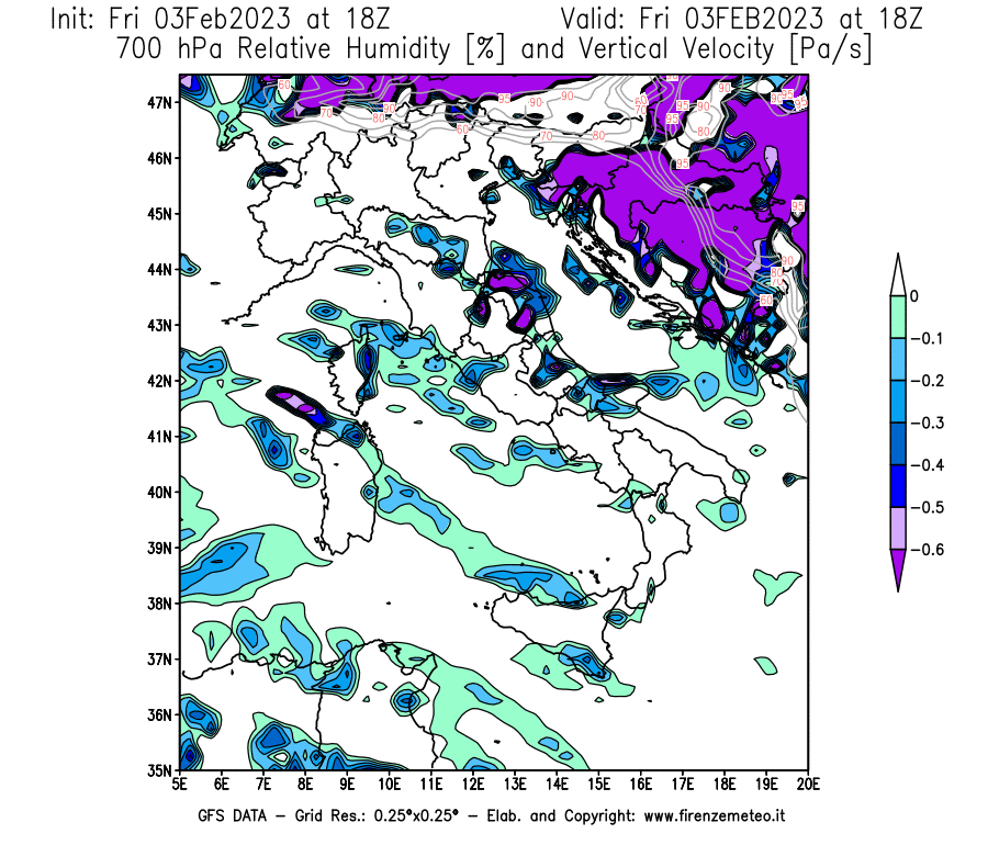 Mappa di analisi GFS - Umidità relativa [%] e Omega [Pa/s] a 700 hPa in Italia
							del 03/02/2023 18 <!--googleoff: index-->UTC<!--googleon: index-->