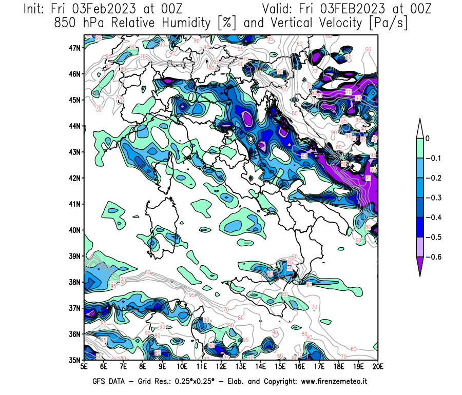 Mappa di analisi GFS - Umidità relativa [%] e Omega [Pa/s] a 850 hPa in Italia
							del 03/02/2023 00 <!--googleoff: index-->UTC<!--googleon: index-->