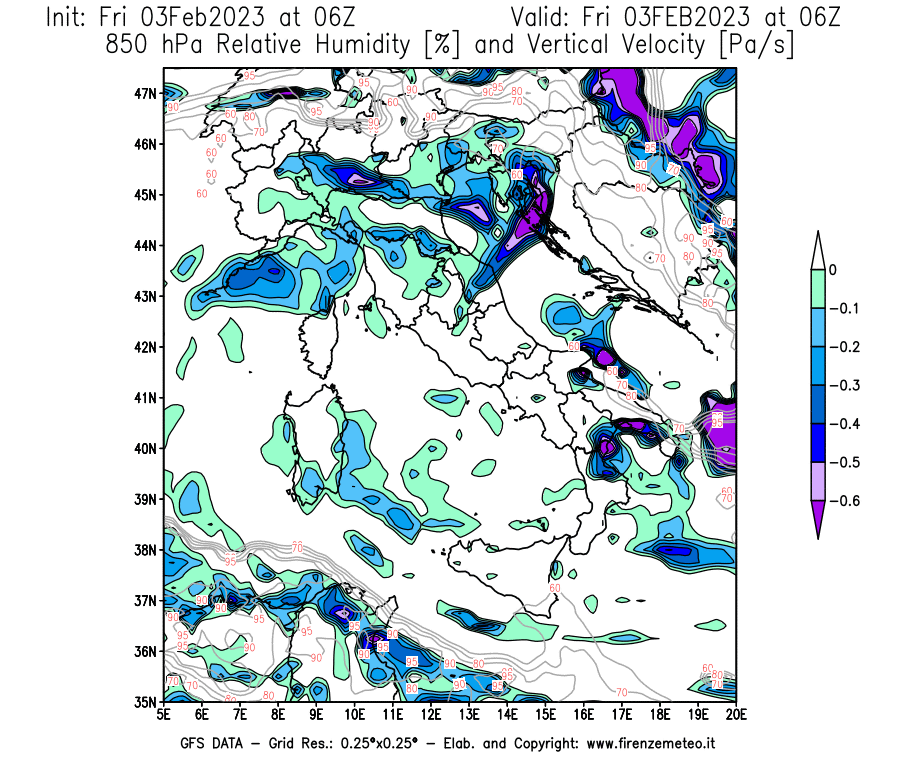 Mappa di analisi GFS - Umidità relativa [%] e Omega [Pa/s] a 850 hPa in Italia
							del 03/02/2023 06 <!--googleoff: index-->UTC<!--googleon: index-->